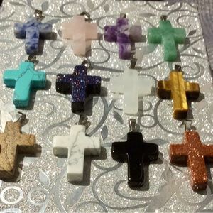 Multi Semi Precious Gemstone Cross Pendant with Stainless Steel Bail